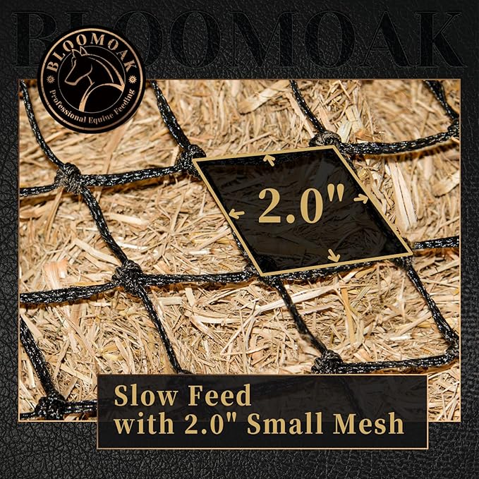 Bloomoak Slow Hay Net Feeder for Horses, Durable Soft Black PE 2String Hay Bales Bags with 2" Hole, Fit 36 * 18 * 18" Square Bale EasilyâŚ