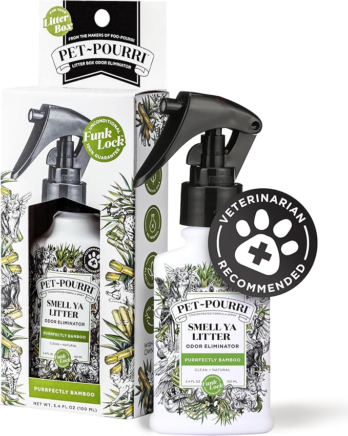 Pet-Pourri Smell Ya Litter Cat Litter Deodorizer Spray, 3.4 Fl Oz, Up to 170 Uses, Pet Odor Remover with Essential Oils for Air, Carpet, Urine, Vet Recommended, Bergamot Bamboo Scent