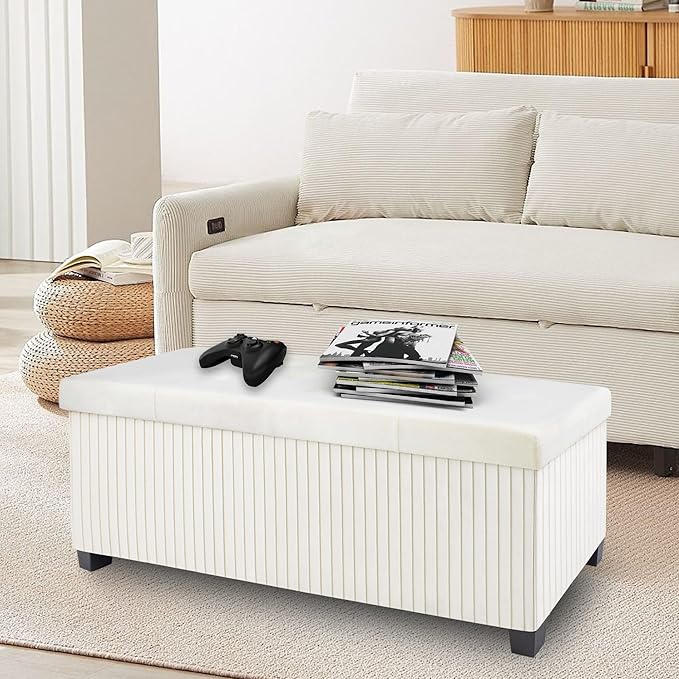 Storage Ottoman Bench, 43 Inch Foldable Ottoman with Legs, Velvet Foot Rest Stool, End of Bed Bench, Storage Chest for Living Room, Bedroom (Beige)