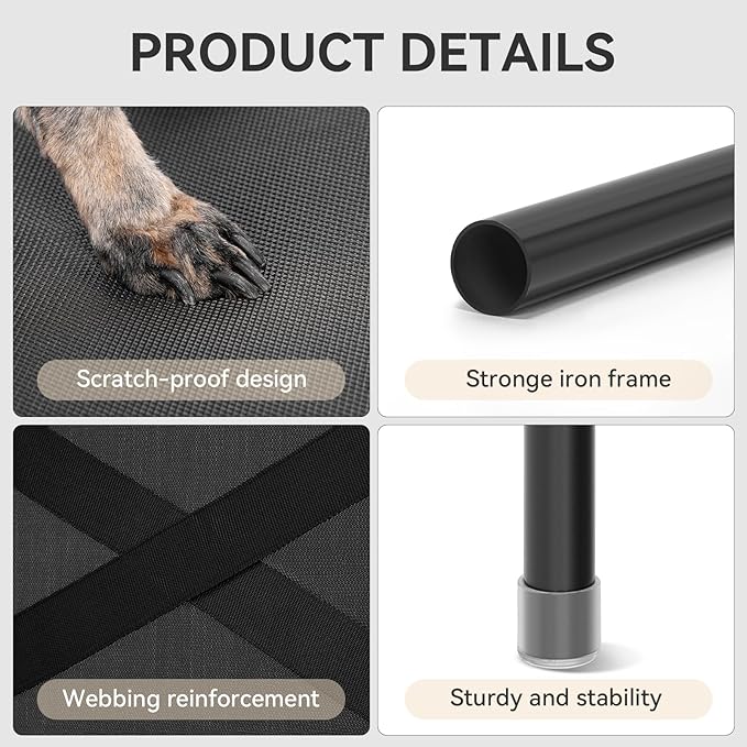 Petsfit Cooling Elevated Raised Dog Bed- Outdoor Pet Cot for Large Dogs, Upgraded Adjustable Firmness Pet Bed,Dog Hammock Bed with Durable Breathable Teslin Mesh,Non Slip, Black 48”