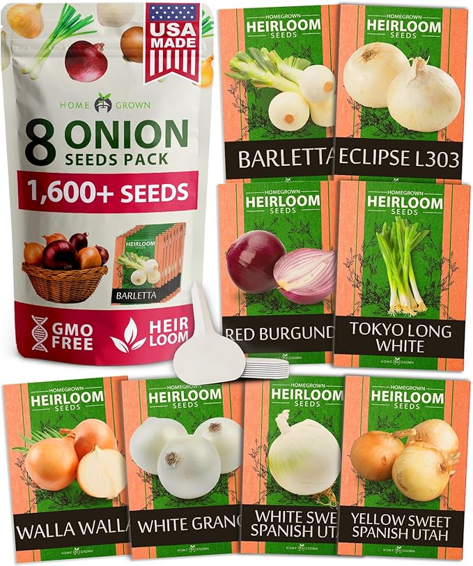 HOME GROWN π¨π¦π π£π₯ππ ππ¨π 8 Onion Seeds for Planting β 1,600 Heirloom π‘π’π‘-ππ π’ Vegetable Seeds β Grow Sweet, Yellow, Red, Spanish, Green & Vidalia Onions in Outdoor or Indoor Home Garden