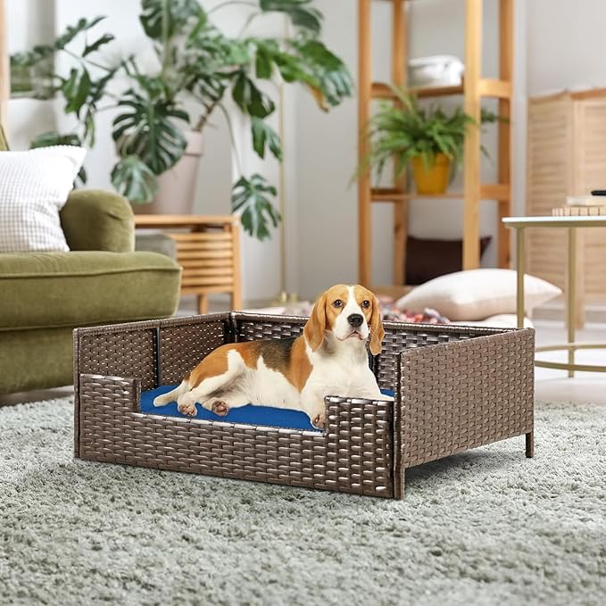 YITAHOME Rattan Dog Sofa Bed with Cushion,Wicker Pet Bed Sofa Couch Indoor Outdoor Water Unaffected for Large Medium Small Dogs Cats (24.8&