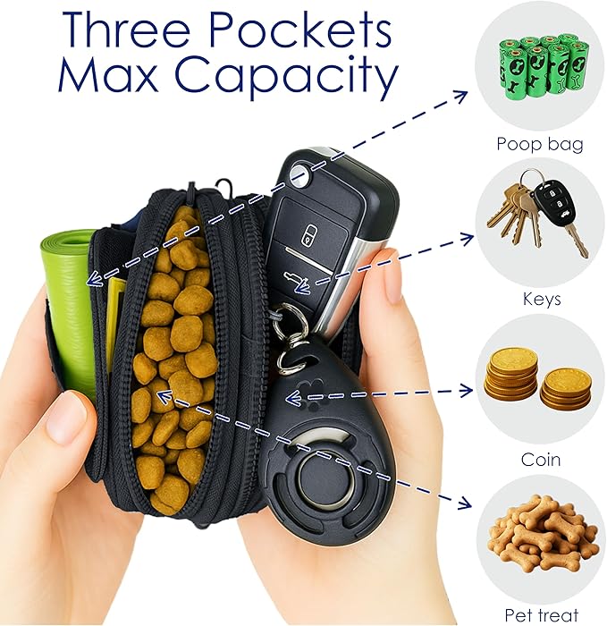 Dog Treat Pouch for Pet Walking and Training with Clicker, Poop Bags and Three Bags Design Small Fanny Zipper Pack Holder for Puppy Snack Dispenser Kit for Leash and Outdoor Use (Blue)