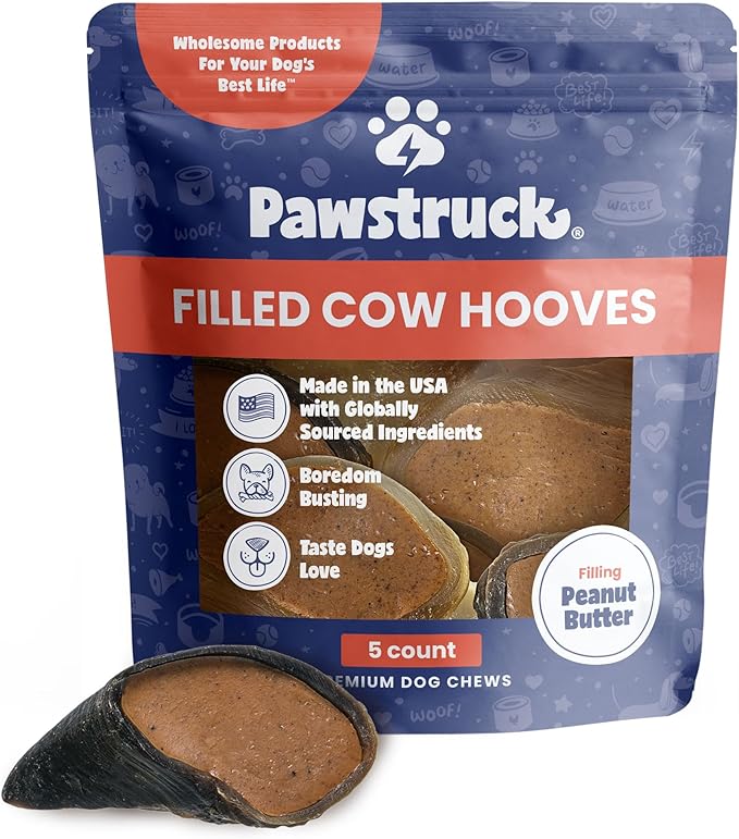 Pawstruck Peanut Butter Filled Cow Hooves for Dogs β Made in USA, Long-Lasting Dental Treats and Chews β Beef Hoof β 5 Count β Packaging May Vary
