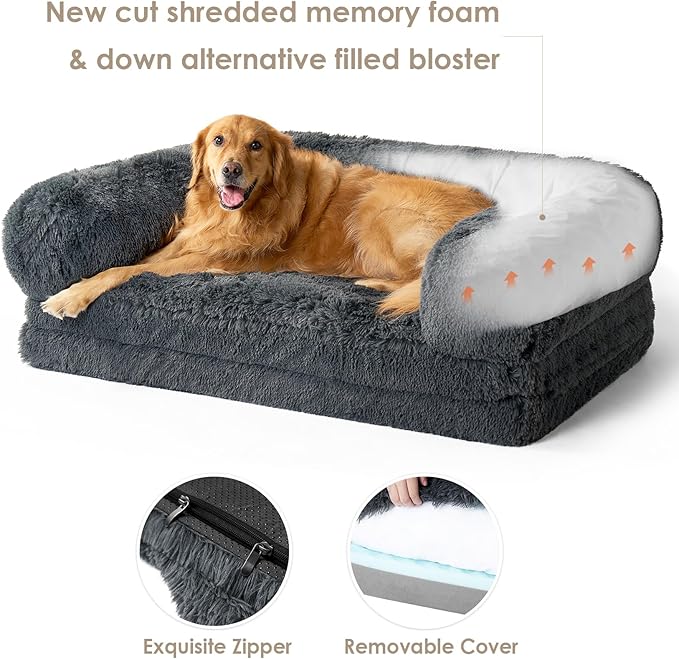 EHEYCIGA Foldable Human Dog Bed, Orthopedic Memory Foam Human Sized Dog Bed, Waterproof Pet Bed for People, Faux Fur Pet Couch for Adult, Dark Grey, 72"x44"x11"