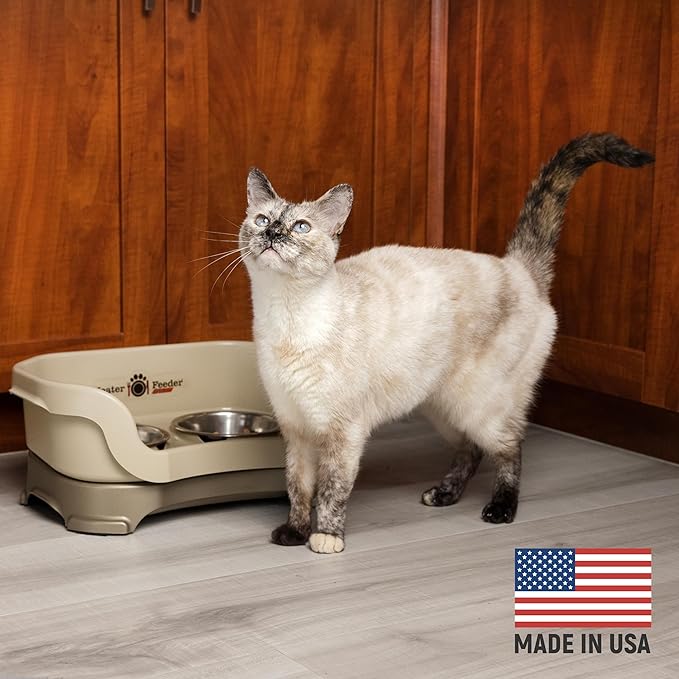 Neater Feeder Deluxe Mess Proof Cat Bowls Elevated for All Breeds – Made in USA – No Spill Raised Bowls for Indoor Cats – Stainless Steel Food and Water Bowl Set, Pet Dish Feeding Station, Cappuccino