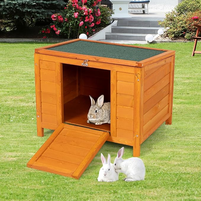 COZIWOW 24inches Wooden Catio Outdoor Cat House Small Animal House,Rabbit Hutch Indoor,Stable Weatherproof Bunny Cage Pet Shelter for Small Cat Dog Rabbit Guinea Pig(Orange)