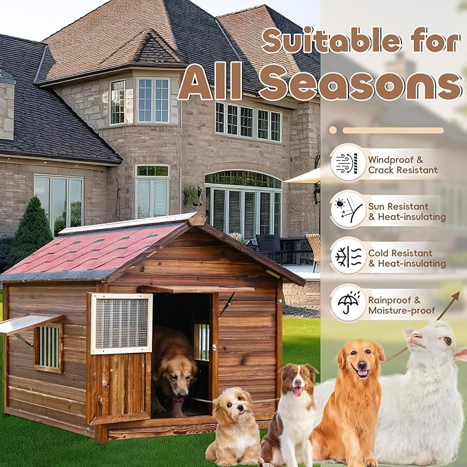 Outdoor Dog House, Natural Pine Wood Dog House with Elevated Floor, XL Outdoor Large Breed, XL-38.58&
