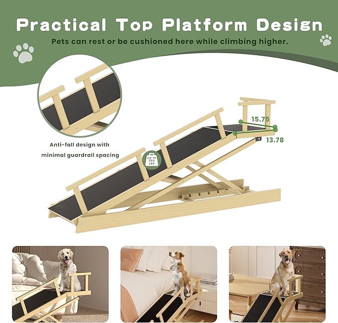 6 Level Height Adjustable Dog Ramp for Bed, Couch 65" Foldable Pet Ramp with Non-Slip Mat,DIY Glow Strips & Rest Platform Heavy Duty Dog Stairs for Large Dogs up to 200Lbs ,Wood Color