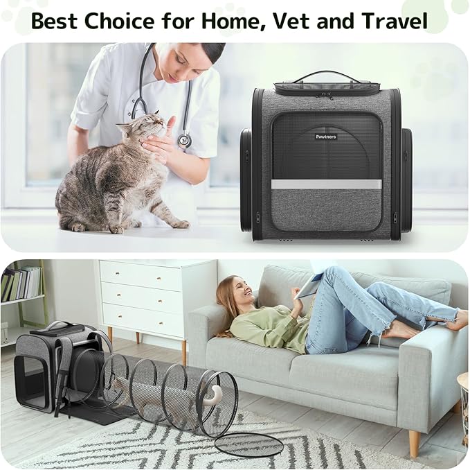 Pawtners Cat Carrier Backpacks Expandable Cat Backpack with Breathable Mesh, Pet Carrier Backpack for Cats Small Dogs Puppies Up to 18 Lbs, Dog Carrier Backpack for Travel Hiking Camping Outdoor