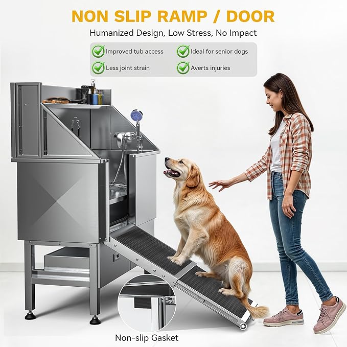 DWVO Professional Dog Bathing Station Stainless Steel 304 Pet Bathtub, 50in Dog Grooming Tub w/Right Door Ramp, 2 Storage Drawers, Grate, Pet Washing Station for Large, Medium, Small Pets