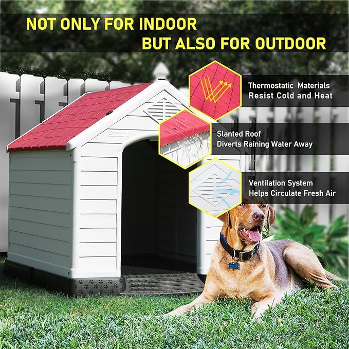 LEMBERI Durable Waterproof Plastic Dog House for Small to Large Sized Dogs, Indoor Outdoor Doghouse Puppy Shelter with Elevated Floor, Easy to Assemble (Red, 34&