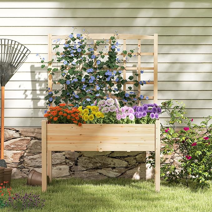 Giantex Raised Garden Bed with Trellis, Wooden Elevated Planter Box with Legs, Drainage Holes for Climbing Plants Vines Vegetables Flowers Herbs, Outdoor Horticulture Planter for Patio Yard (Natural)