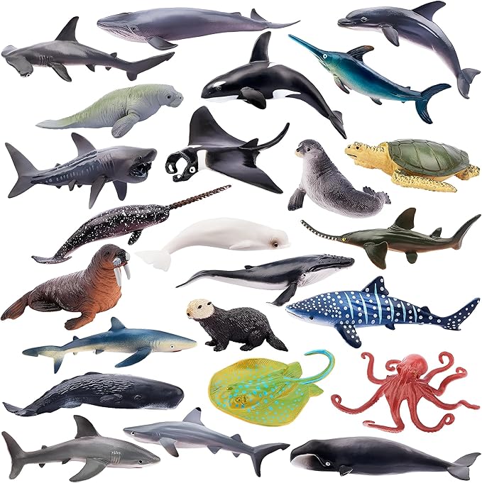 TOYMANY 24pcs Mini Ocean Animal Figurines: Realistic Cake Toppers with Sharks, Whales & Octopus - Great for Kids&