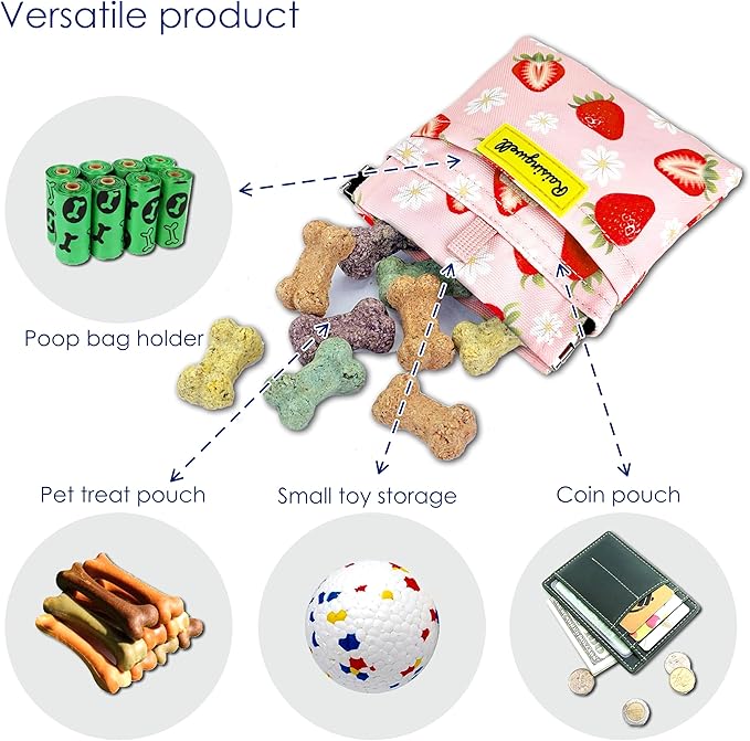 Dog Treat Pouch,Cotton Pocket Sized Training Holder, Hand Free Walking Funny Bag with Carabiner, Self-Closing Pet Feed Snack Reward, Behavior Aids for Puppy Travel or Outdoor Use(Strawberry)