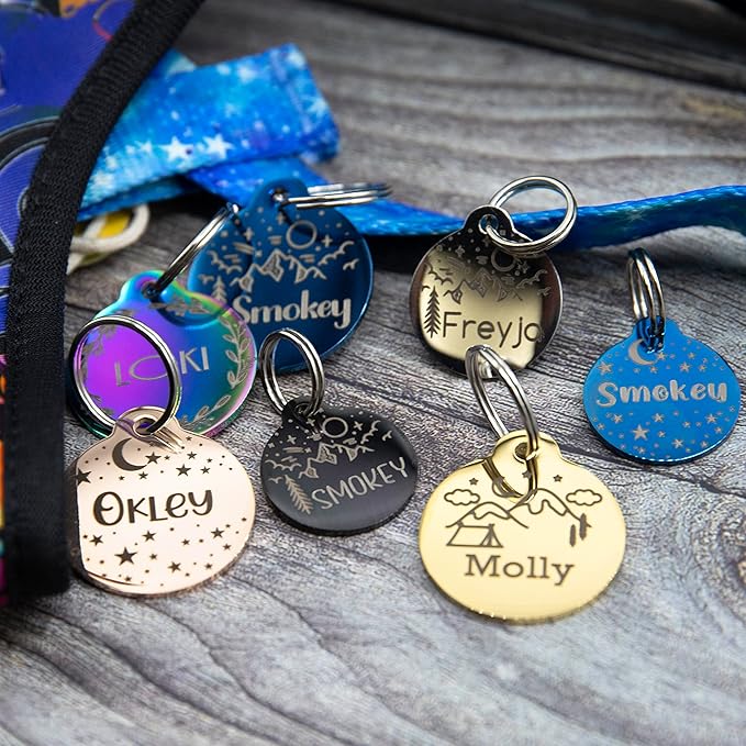 Personalized Dog Tag with 5 Lines of Custom Deep Engraved Durable Stainless Steel Pet ID Name Tag Designer Regular Size Round