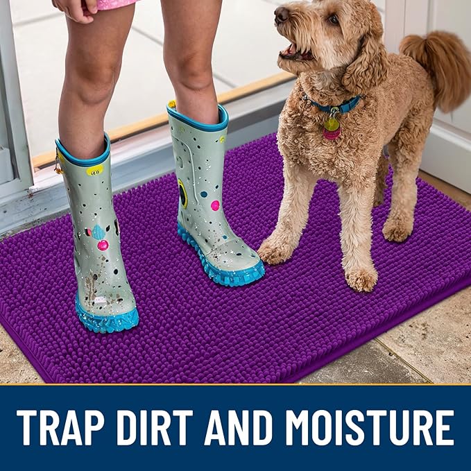 Smiry Dog Door Mat for Muddy Paws 30x20, Absorbs Moisture and Dirt Doormat, Non-Slip Washable Quick Dry Chenille Front Door Mat Indoor Entrance, Entryway Carpet for Inside Floor, Purple