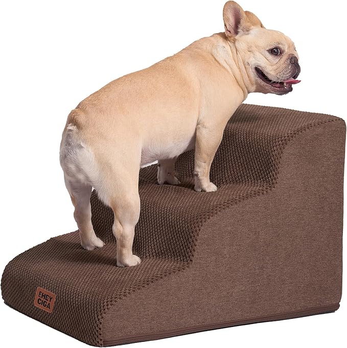 EHEYCIGA Curved Dog Stairs Ramp for Small Dogs 15.7" H, 3-Step Dog Steps for Couch Sofa and Chair, Pet Stairs for Cats, Non-Slip Balanced Pet Steps Indoor, Brown