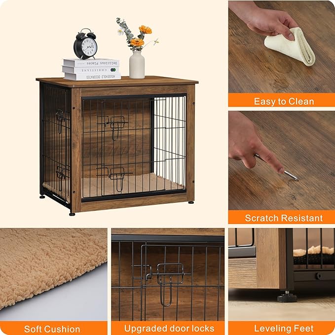 DWANTON Dog Crate Furniture with Cushion, Wooden Kennel Table with Double Doors, Indoor Dog House, Small/Medium/Large Size, 27.2" L, Warm Brown
