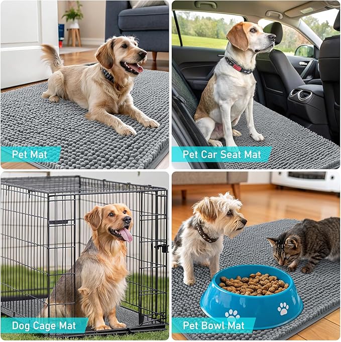OLANLY Dog Door Mat Set 4-Piece 24x16, Absorbs Moisture and Dirt, Absorbent Non-Slip Washable Doormat, Quick Dry Chenille Mud Mat for Dogs, Entry Indoor Entryway Carpet for Inside Floor, Grey