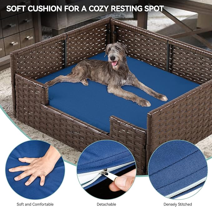 YITAHOME Rattan Dog Sofa Bed with Cushion,Wicker Pet Bed Sofa Couch Indoor Outdoor Water Resistant for Large Medium Small Dogs Cats (34.6&