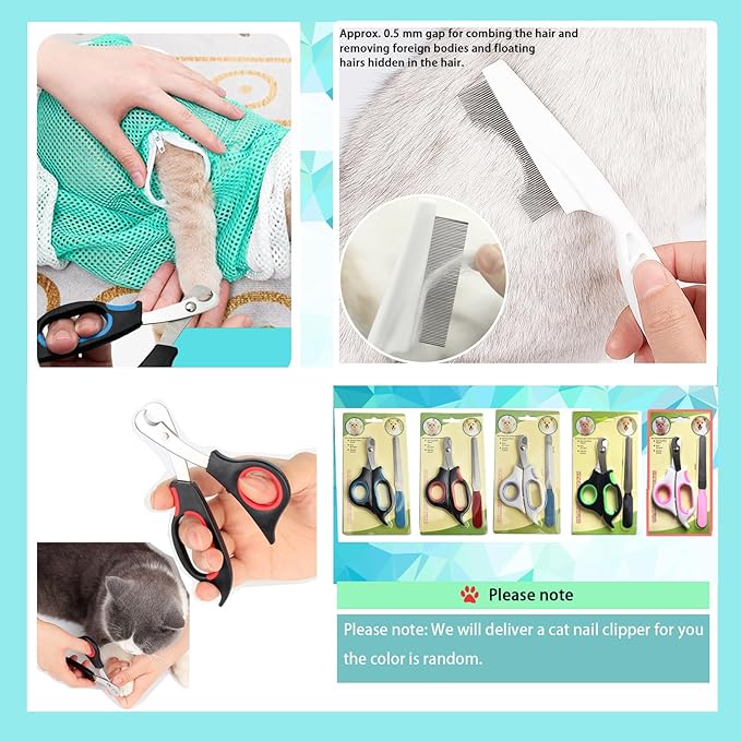 Adjustable Multifunctional Anti-Bite Shower net Bag,Cat Grooming Mesh Bag, Cat Bathing Bag,Cat Bath Brush and Cat Nail Clipper