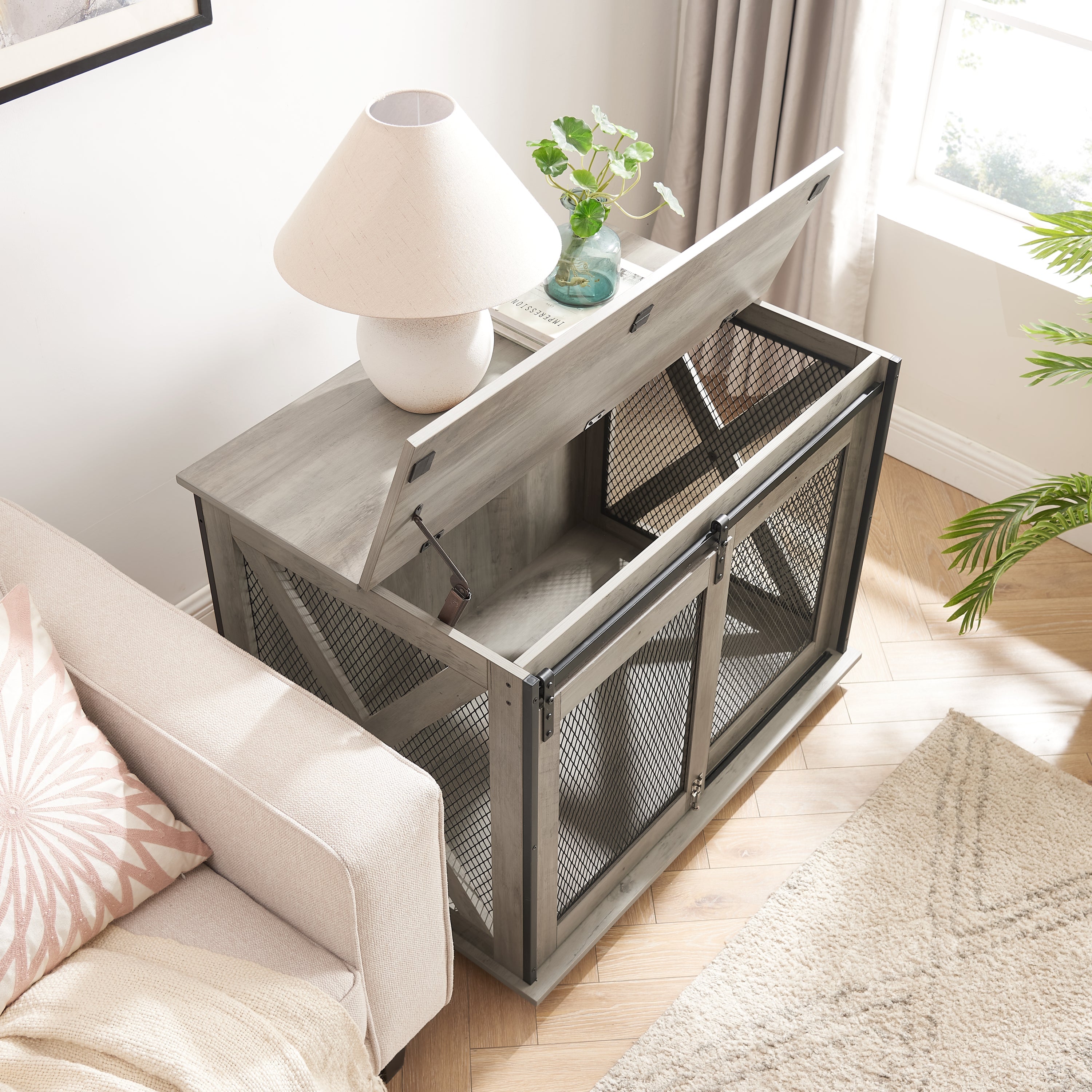 Farmhouse Dog Cage Crate Furniture with Sliding Barn Door, Farmhouse Wooden Dog Kennel End Table with Flip-top Plate Dog House with Detachable Divider for Small/Medium/Large Dog Gray