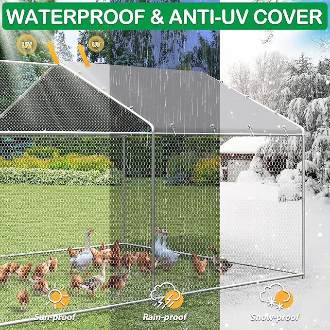 Large Metal Chicken Coop, Walk-in Chicken Run Pen with Waterproof Cover, Spire Roof Poultry Cage Run for Outdoors, Backyard, Farm(9.7&