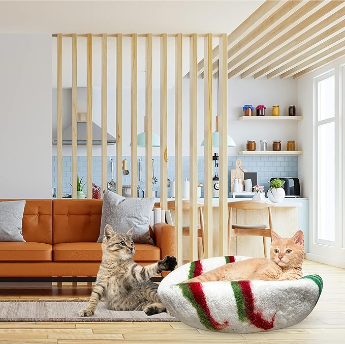 Woolygon Premium Felt Cat Cave Bed β Wool Kitty Beds Handcrafted Kitten Caves Bed for Indoor Cats - Made from 100% Eco-Friendly Merino Wool, Foldable Cat Hidewawy Covered Cat House Pod (Candy Swirl)