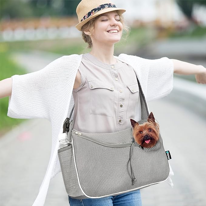 PetAmi Small Dog Sling Carrier, Soft-Sided Crossbody Puppy Carrying Purse Bag, Adjustable Sling Pet Pouch to Wear Medium Cat Travel, Dog Bag for Traveling, Poop Bag Dispenser, Max 10 lbs, Stripe Black