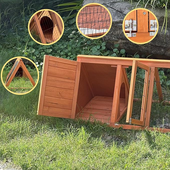 Chick Coop,Outdoor Chicken Run Cage Wooden Triangle Quail Coop with Ventilating Wire Poultry Hutch for Small Animals (Ntural Wood)