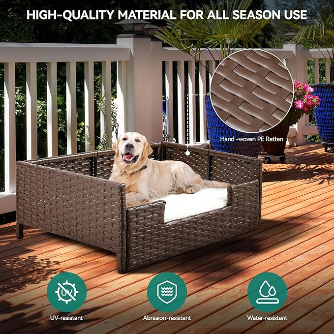 YITAHOME Rattan Dog Sofa Bed with Cushion, Wicker Pet Bed Sofa Couch Indoor Outdoor Waterproof for Large Medium Small Dogs Cats (34.6&
