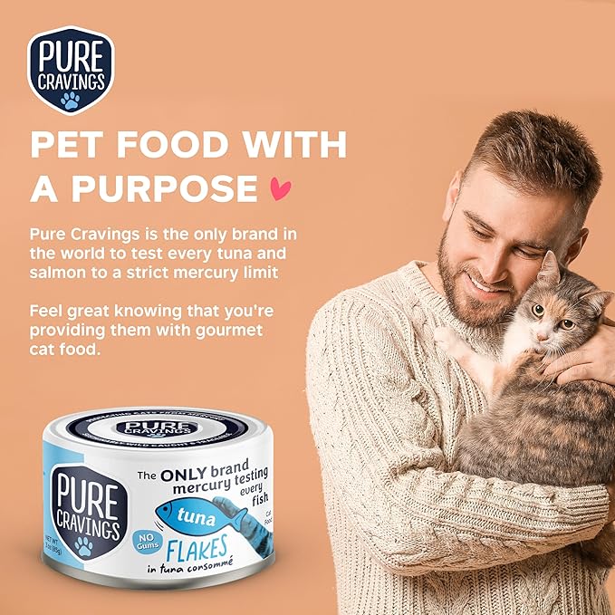 Tuna Flakes in Tuna Consommé, Canned Wet Cat Food Soup, 100% Mercury-Tested, Moist Can Fish, Grain-Free Protein, Non-GMO, 3oz, Pack of 12