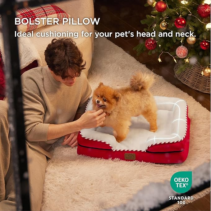 Bedsure Orthopedic Dog Beds for Small Dogs - Washable Small Dog Cat Bed Waterproof, Comfort Pet Couch Sofa with Washable Removable Cover, Pets Bed with Nonskid Bottom, Red, 24"
