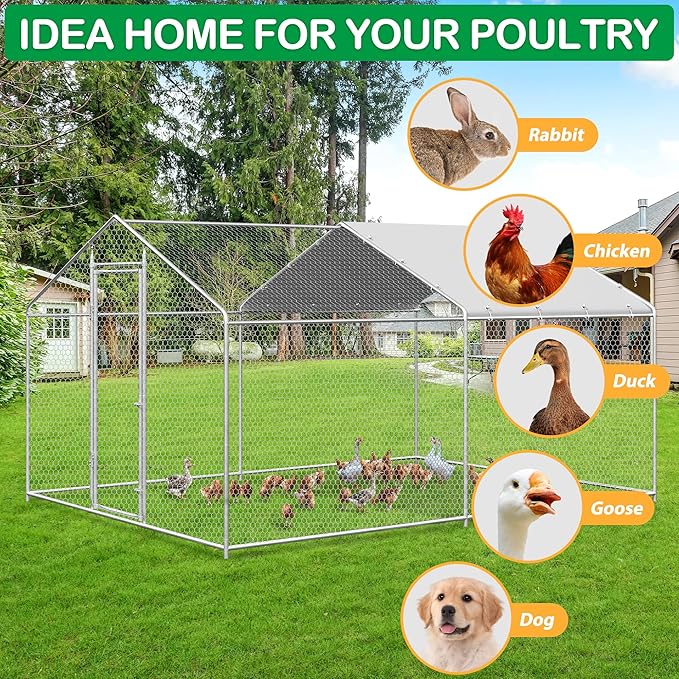 Large Metal Chicken Coop, Walk-in Chicken Run Pen with Waterproof Cover, Spire Roof Poultry Cage Run for Outdoors, Backyard, Farm(9.7&