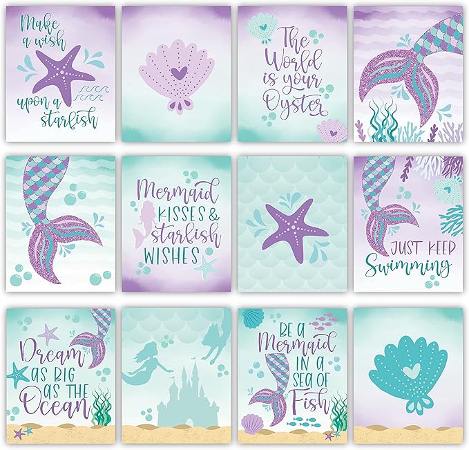 Hadley Designs 6 Mermaid Wall Decor – Reversible Magical Mermaid Wall Art for Nursery & Bathroom, Under the Sea Unframed Ocean-Themed Room Decor Prints for Girls&