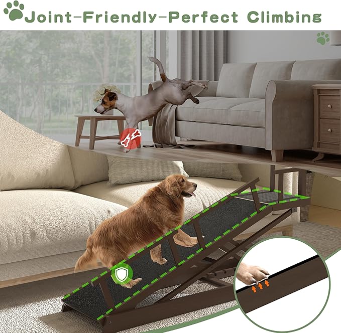 6 Level Height Adjustable Dog Ramp for Bed, Couch 65" Foldable Pet Ramp with Non-Slip Mat,DIY Glow Strips & Rest Platform Heavy Duty Dog Stairs for Large Dogs up to 200Lbs ,Brown