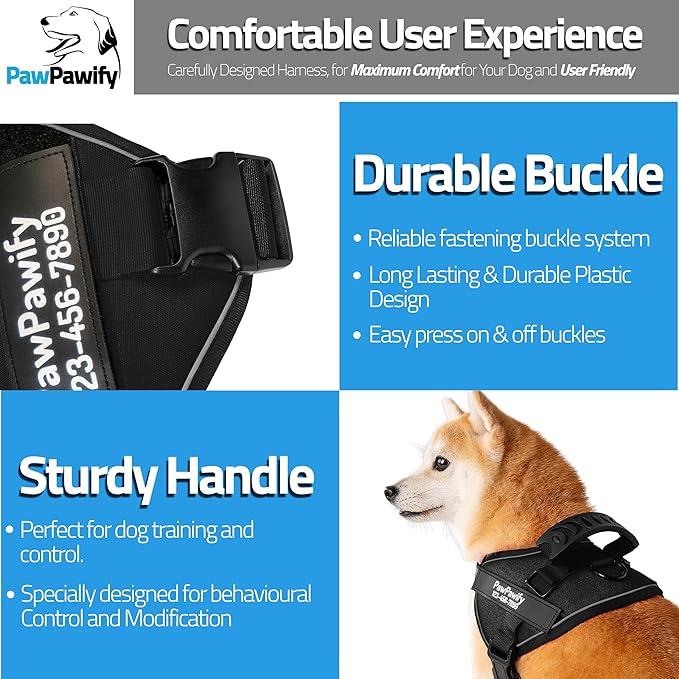 PawPawify Custom No Pull Dog Harness with Name and Phone Number, Heavy Duty Personalized Pet Vest to Prevent Tugging, Pulling, or Choking, Training and Walking (New Black, M (20-40 LBS))