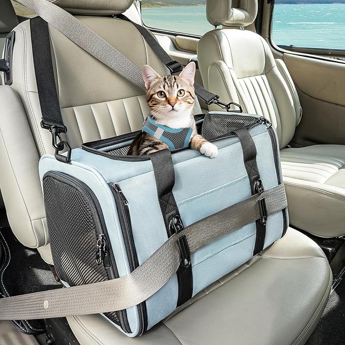 PETSFIT Soft-Sided Cat Carriers & Car Seats with Patent Safe Buckles, Clip-On Harness,18"x11"x11" Airline Approved Pet Carrier - 9 lbs Capacity (Cyan Blue)