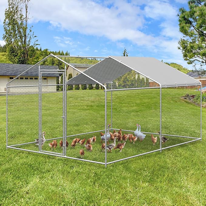 Large Metal Chicken Coop, Walk-in Chicken Run Pen with Waterproof Cover, Spire Roof Poultry Cage Run for Outdoors, Backyard, Farm(9.7&