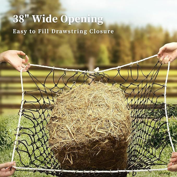 Bloomoak Slow Hay Net Feeder for Horses, Durable Soft Black PE 2String Hay Bales Bags with 2" Hole, Fit 36 * 18 * 18" Square Bale EasilyâŚ
