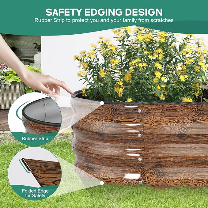 Galvanized Raised Garden Bed Outdoor - 4×2×1ft Planter Raised Beds for Gardening | Oval Metal Garden Planter Box with Safety Edging and Gloves for Vegetables Fruits and Flowers - Grain