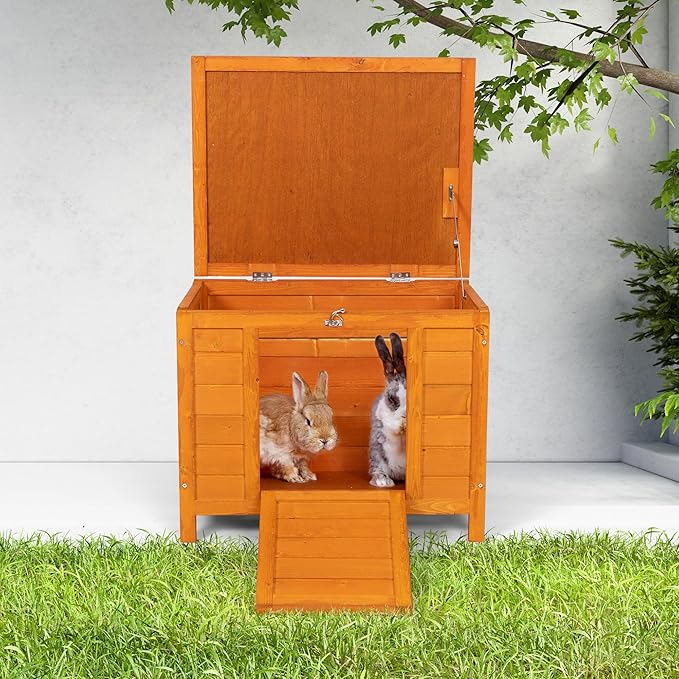 COZIWOW 24inches Wooden Catio Outdoor Cat House Small Animal House,Rabbit Hutch Indoor,Stable Weatherproof Bunny Cage Pet Shelter for Small Cat Dog Rabbit Guinea Pig(Orange)