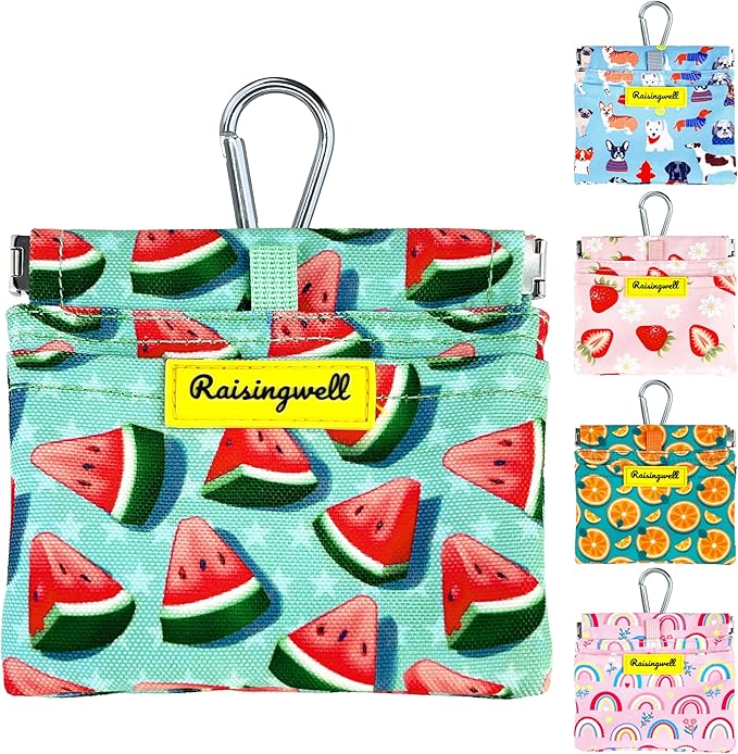 Dog Treat Pouch,Cotton Pocket Sized Training Holder, Hand Free Walking Funny Bag with Carabiner, Self-Closing Pet Feed Snack Reward, Behavior Aids for Puppy Travel or Outdoor Use(Watermelon)