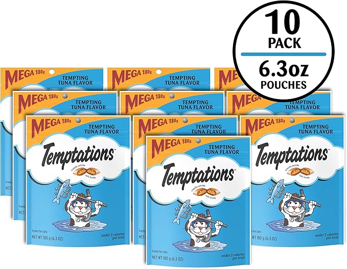 Temptations Classic Crunchy and Soft Cat Treats Tempting Tuna Flavor, 6.3 oz. Pouch (Pack of 10)