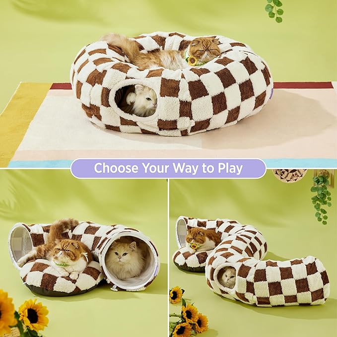 Lesure Cat Tunnel Bed for Indoor Cats - Cute Cat Donut Tunnel Toys for Small Large Cats with Washable Circle Cushion, Round Pet Peekaboo Cave Toy for Kitten/Puppy/Rabbit, Standard Brown