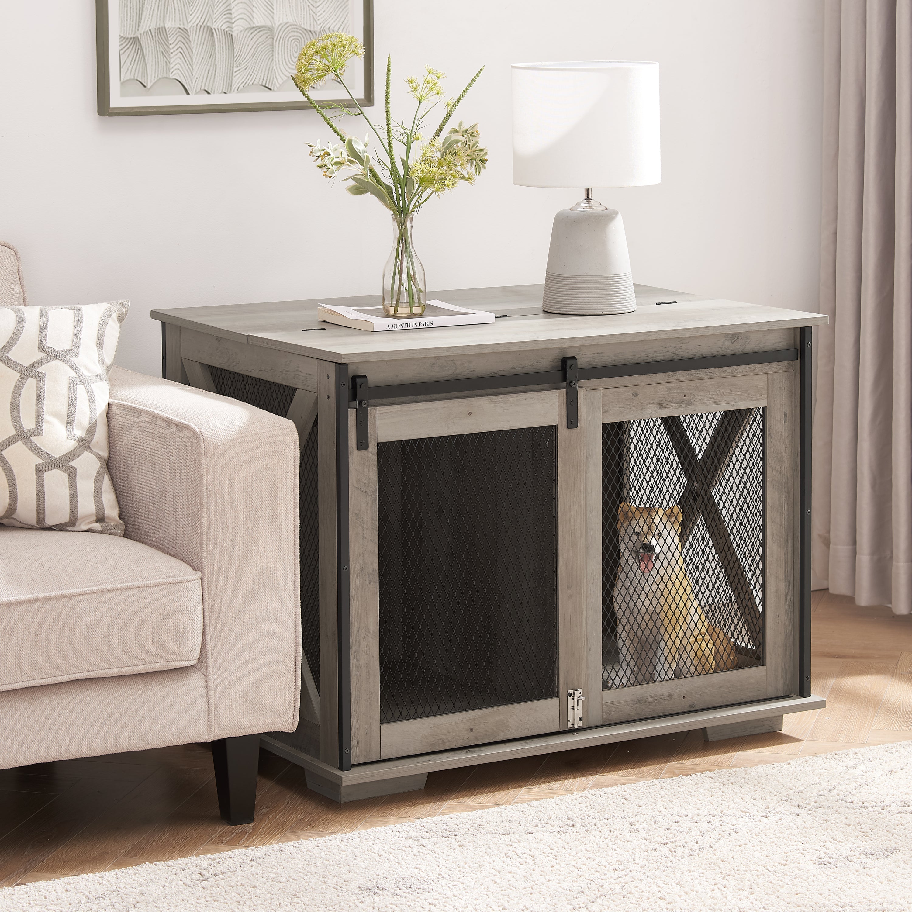 Farmhouse Dog Cage Crate Furniture with Sliding Barn Door, Farmhouse Wooden Dog Kennel End Table with Flip-top Plate Dog House with Detachable Divider for Small/Medium/Large Dog Gray
