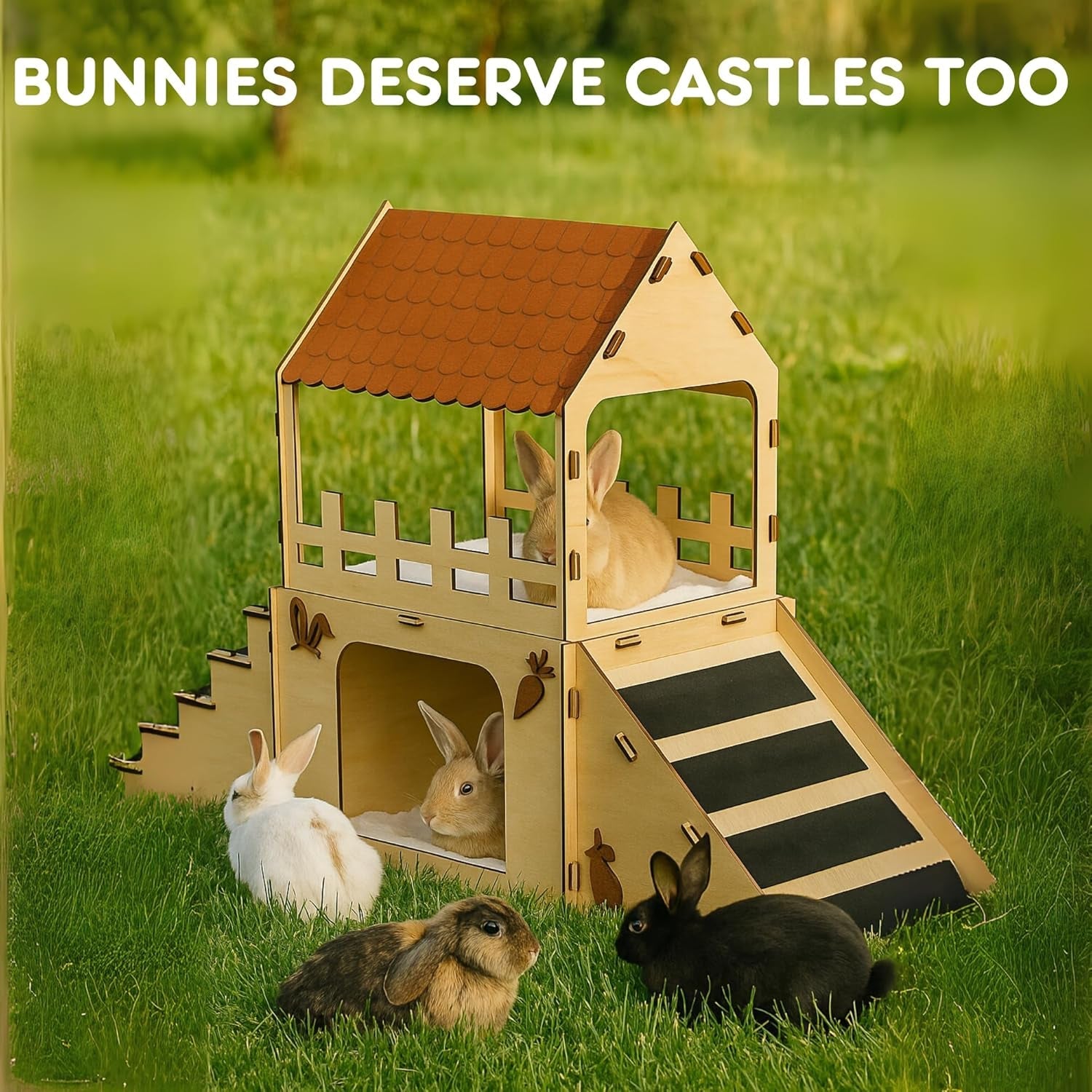 Rabbit Hideout House Wooden Bunny Castle for Small Pets Indoor Cage