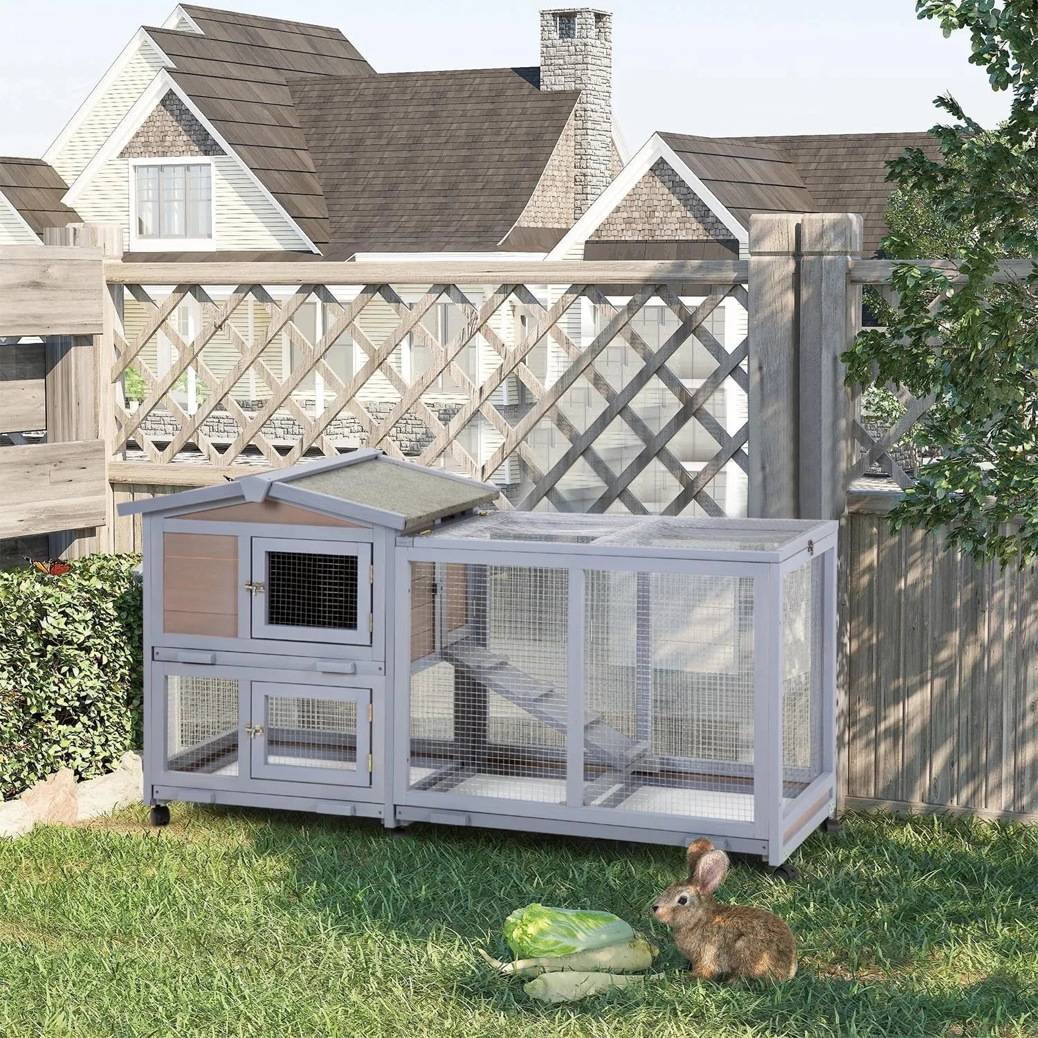 Rabbit Hutch Wooden Rabbit Cage Two Layers Chicken Coop Outdoor Indoor Bunny Cage Guinea Pig Cage Waterproof Roof Bu