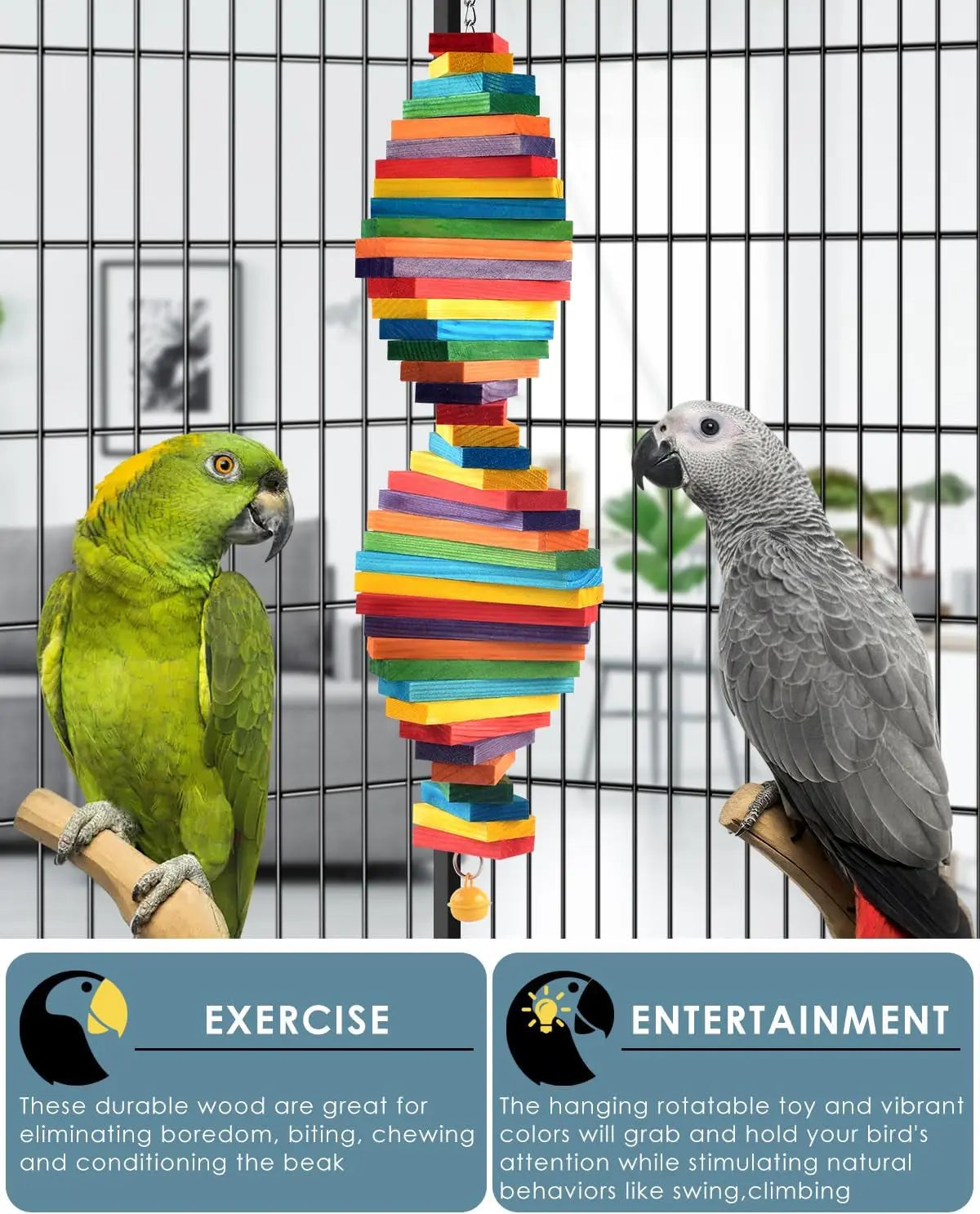 Bird Chew Toy with Wooden Blocks, Hanging Parrot Toy for Medium to Large Birds